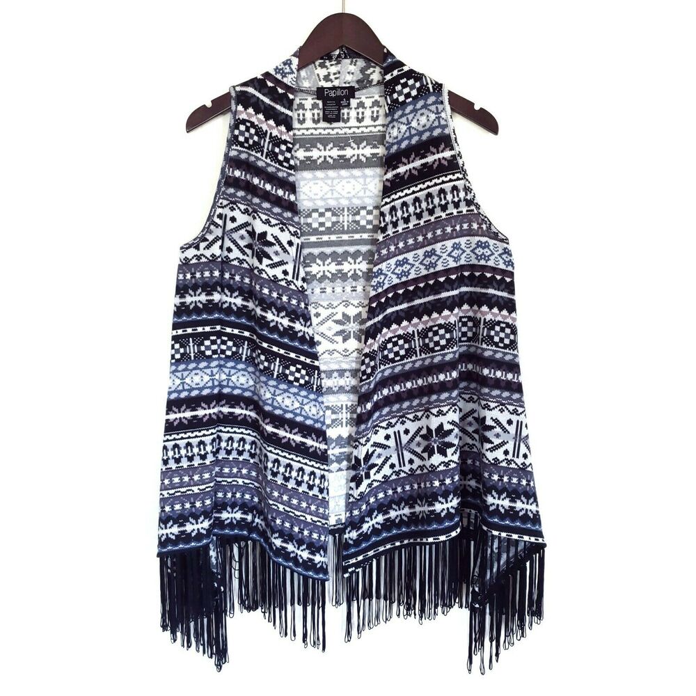 PAPILLON Fair Isle open front fringe boho knit sweater vest grey print Sz S NEW
